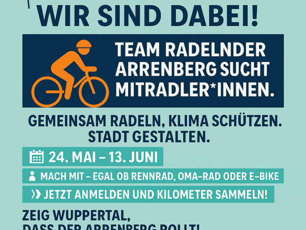 Grafik eines stilisierten Radfahrers als Teil einer Kampagne zur Teilnahme am Stadtradeln 2025 des Teams Radelnder Arrenberg in Wuppertal, ohne Textbeschriftung.