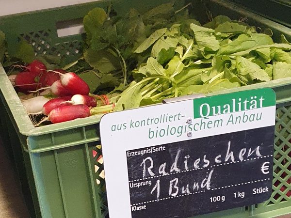 Eine Kiste mit Bio Radieschen